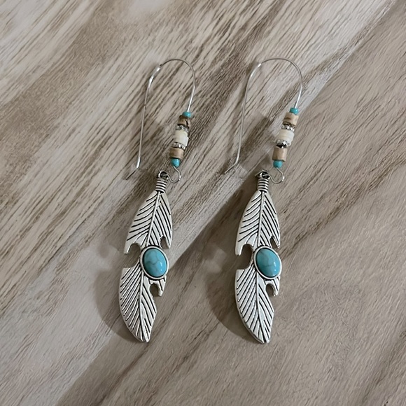 Feather & Turquoise Earrings - Picture 1 of 4